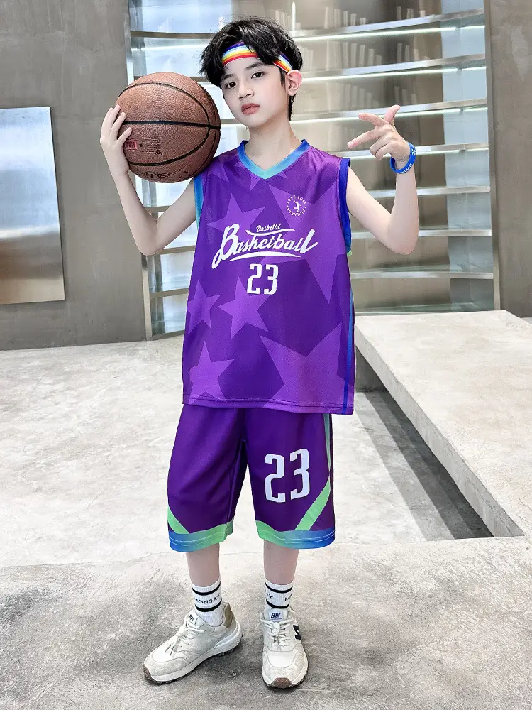 Summer Boys Basketball Jersey Suit Black Pink 23 Size - Image 3