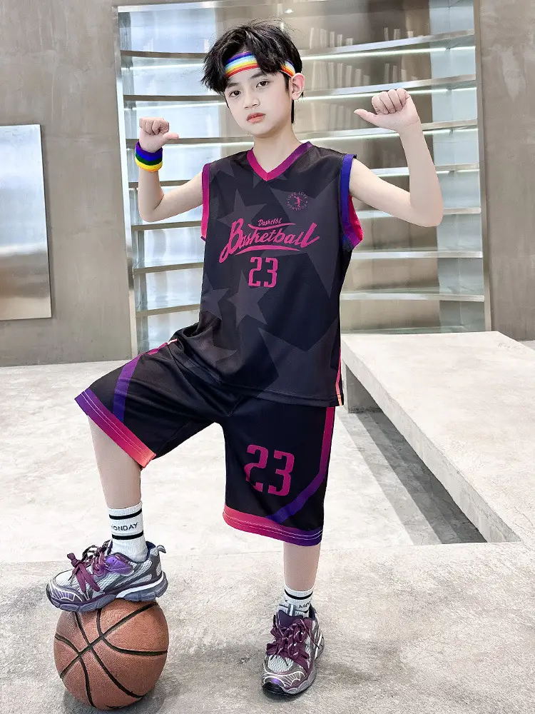Summer Boys Basketball Jersey Suit Black Pink 23 Size - Image 4