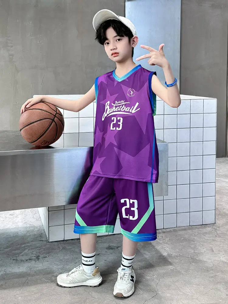 Summer Boys Basketball Jersey Suit Black Pink 23 Size - Image 5