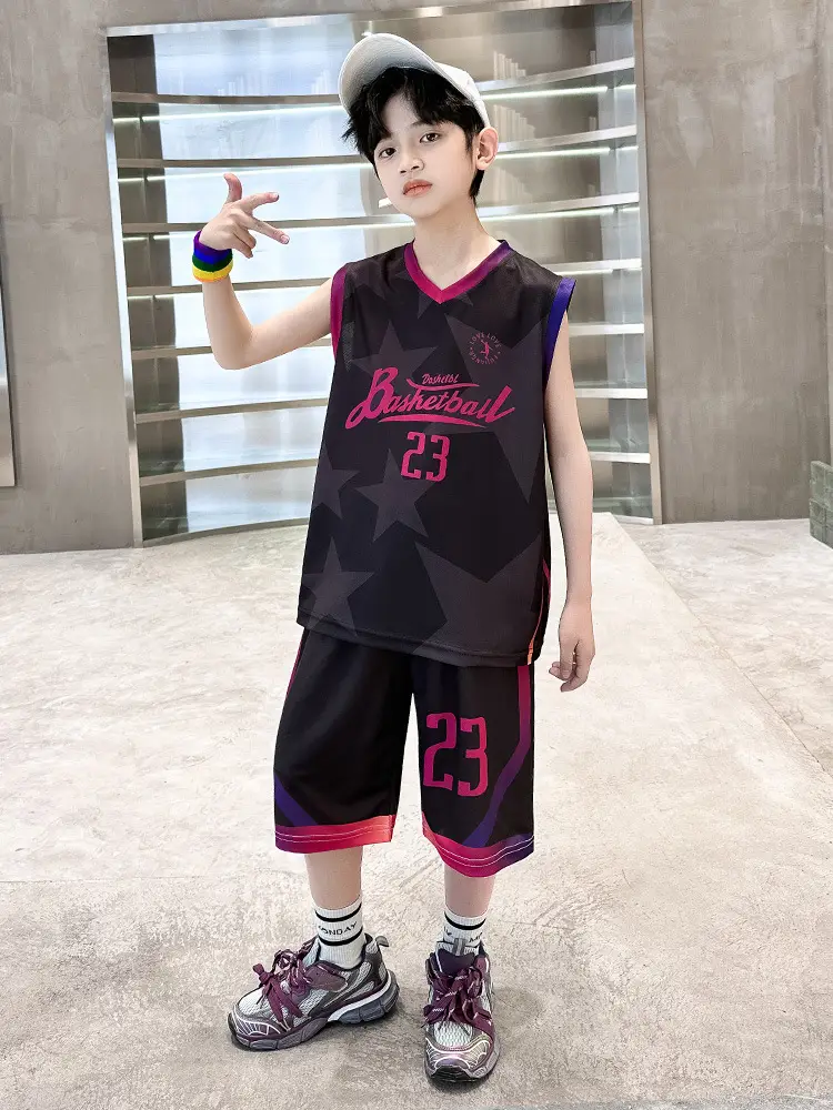 Summer Boys Basketball Jersey Suit Black Pink 23 Size - Image 6