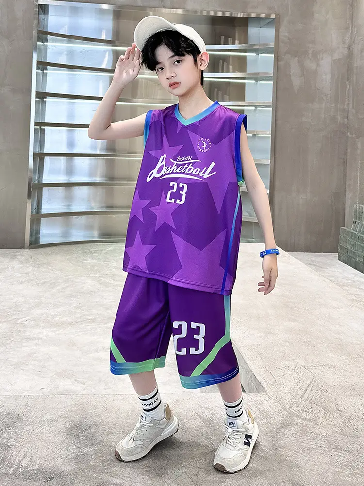 Summer Boys Basketball Jersey Suit Black Pink 23 Size - Image 7