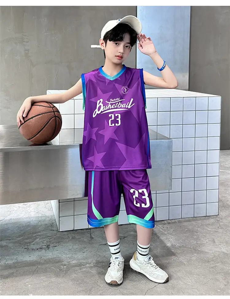 Summer Boys Basketball Jersey Suit Black Pink 23 Size — feature 13