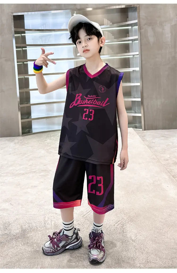 Summer Boys Basketball Jersey Suit Black Pink 23 Size — feature 15
