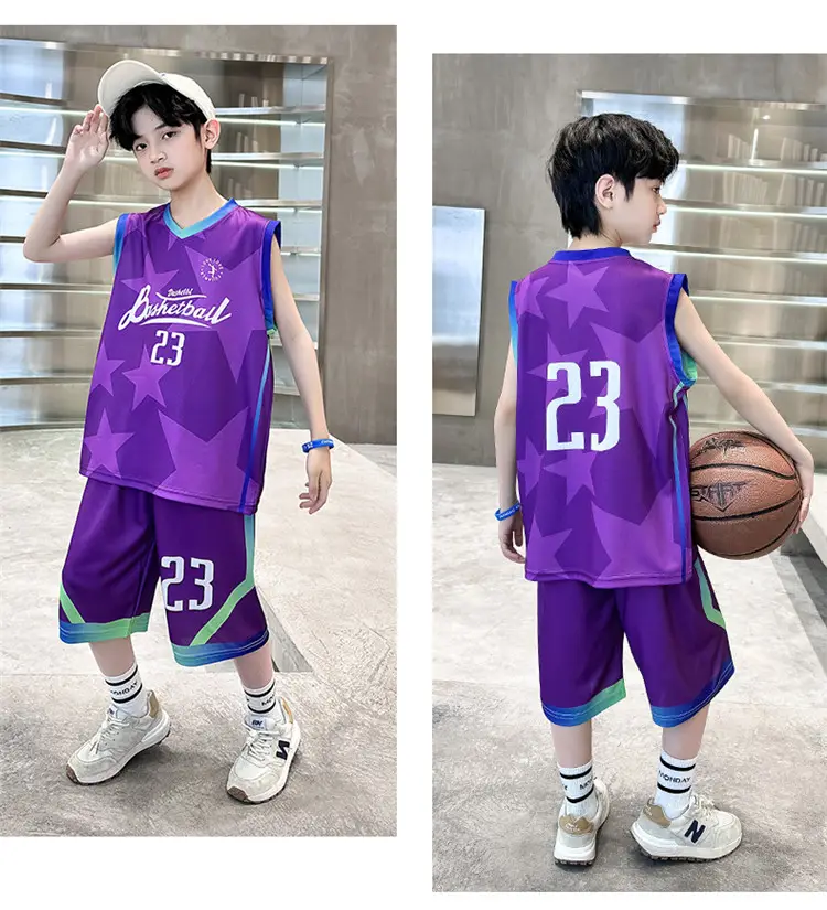 Summer Boys Basketball Jersey Suit Black Pink 23 Size — feature 17