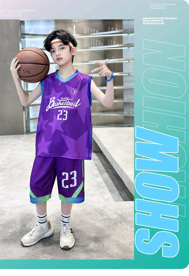 Summer Boys Basketball Jersey Suit Black Pink 23 Size — feature 3