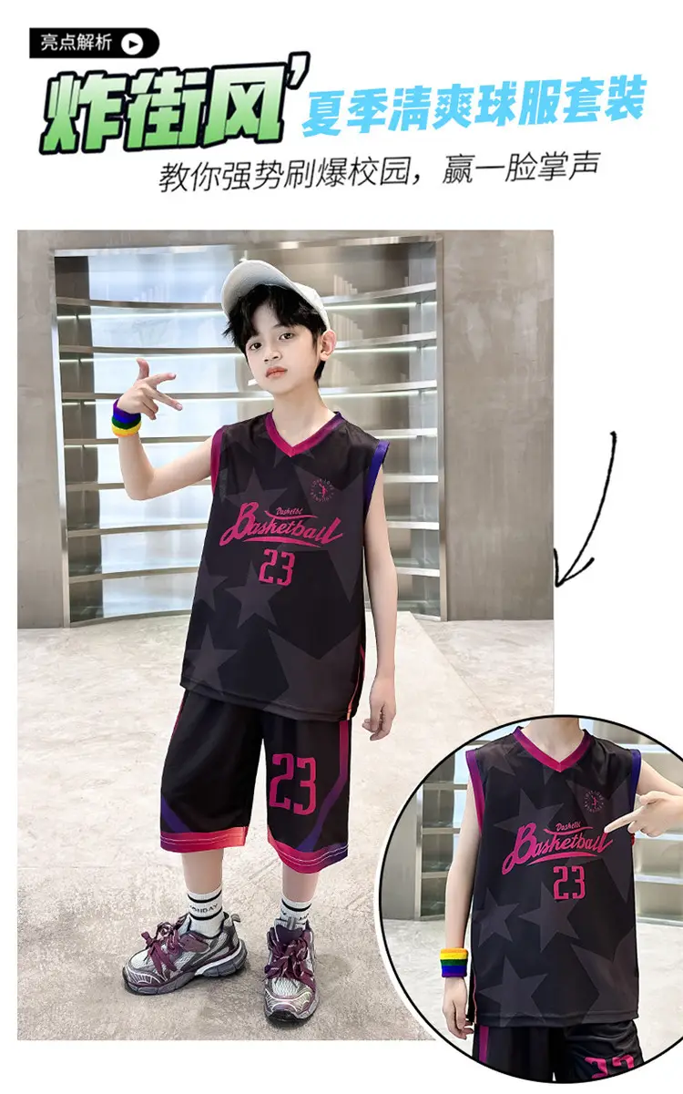 Summer Boys Basketball Jersey Suit Black Pink 23 Size — feature 4
