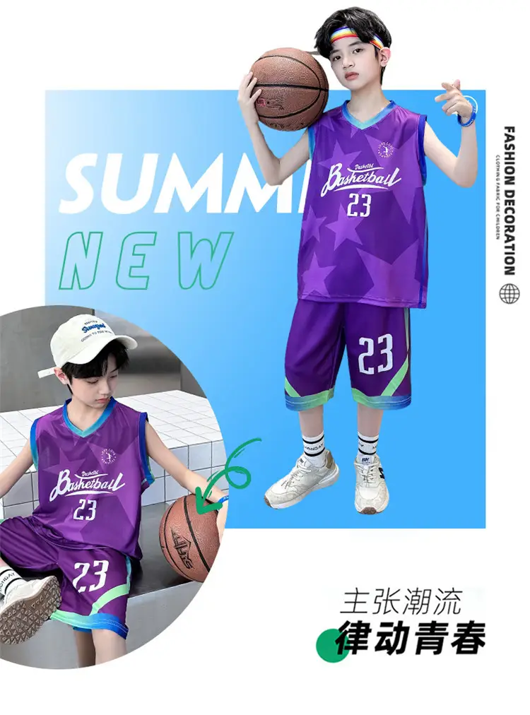 Summer Boys Basketball Jersey Suit Black Pink 23 Size — feature 7