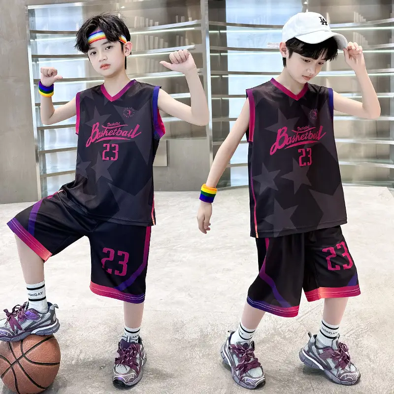 Summer Boys Basketball Jersey Suit Black Pink 23 Size - Image 2