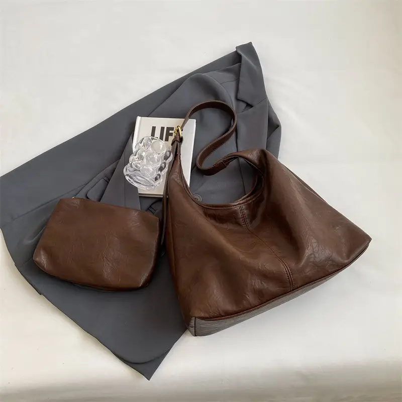 Vintage Brown Leather Shoulder Tote Bag for Women - Image 2