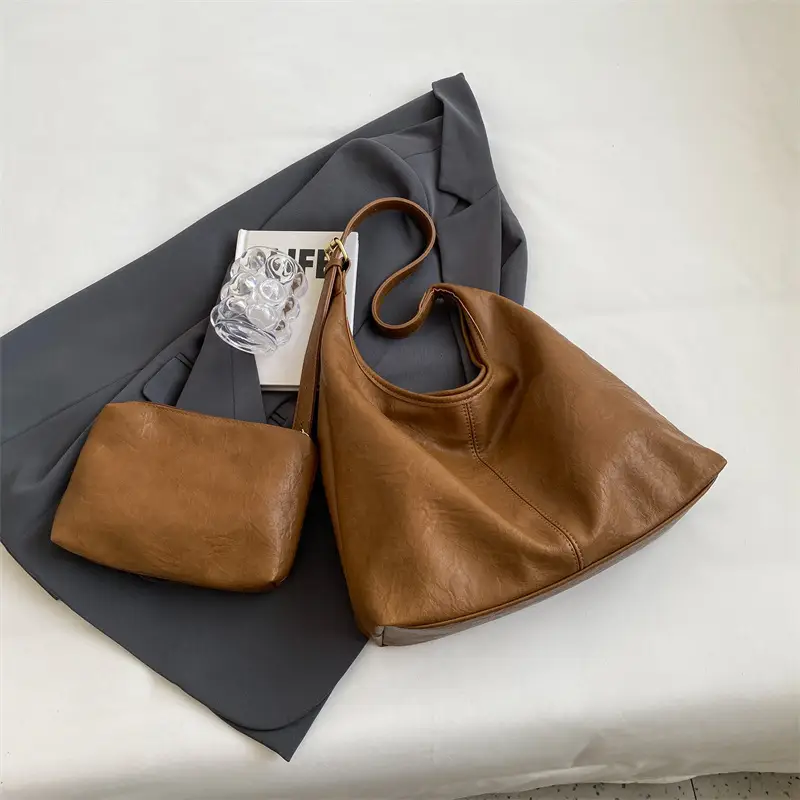 Vintage Brown Leather Shoulder Tote Bag for Women - Image 3