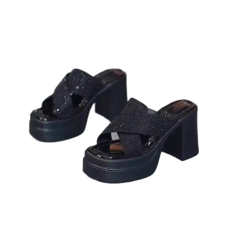 Thick Heel High Heels Women's Fashionable Simple All-match Sexy Rhinestone Outer Wear 2025 Summer One-word Middle Heel Sandals and Slippers