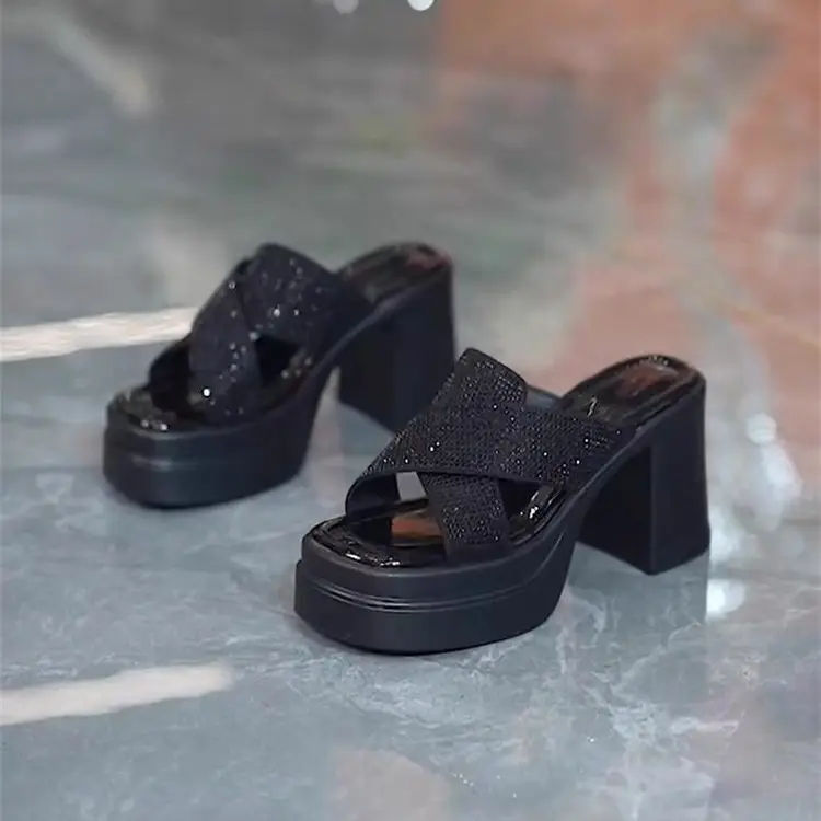 Thick Heel High Heels Women's Fashionable Simple All-match Sexy Rhinestone Outer Wear 2025 Summer One-word Middle Heel Sandals and Slippers — feature 11