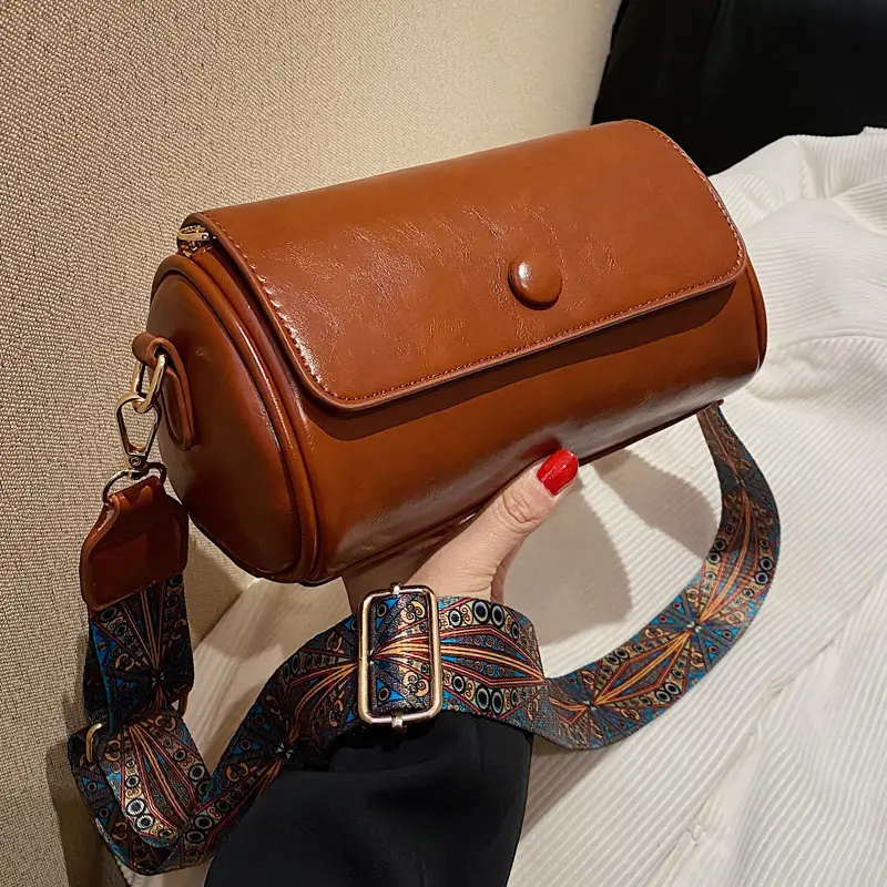 Vintage Brown Leather Crossbody Bag with Wide Band