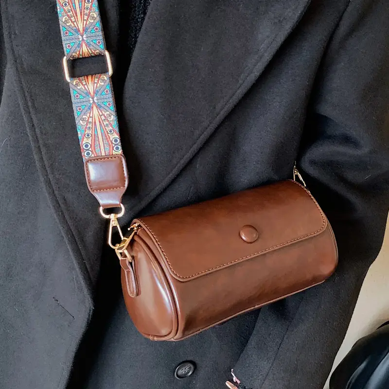 Vintage Brown Leather Crossbody Bag with Wide Band