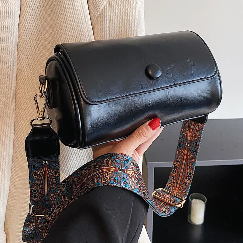 Vintage Brown Leather Crossbody Bag with Wide Band