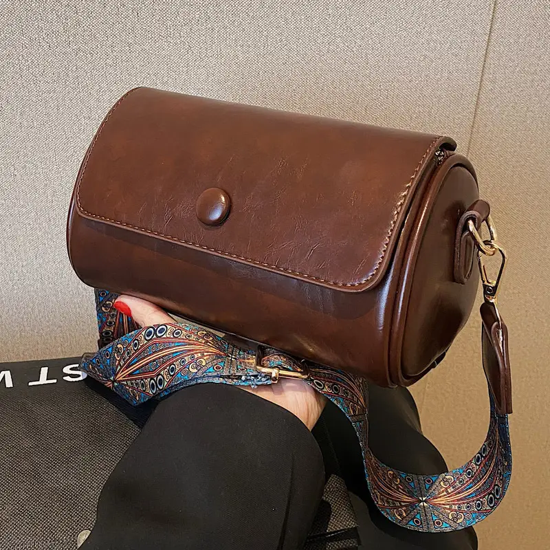 Vintage Brown Leather Crossbody Bag with Wide Band