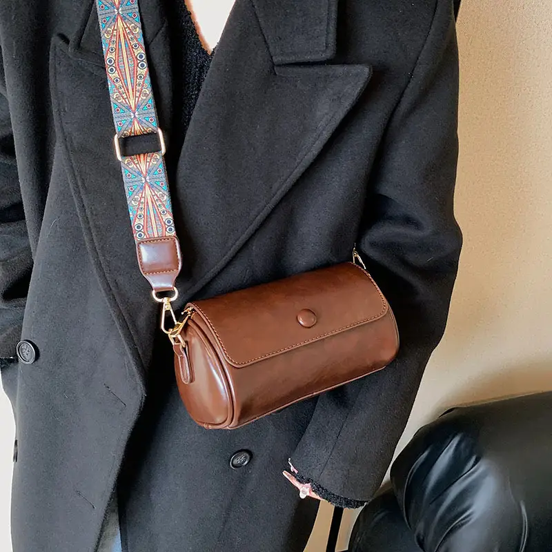 Vintage Brown Leather Crossbody Bag with Wide Band