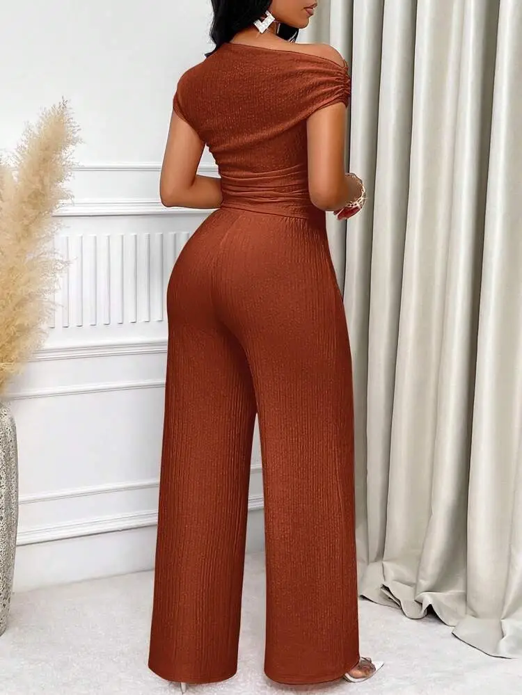 Brown Pleated Two-Piece Wide Leg Pants Set