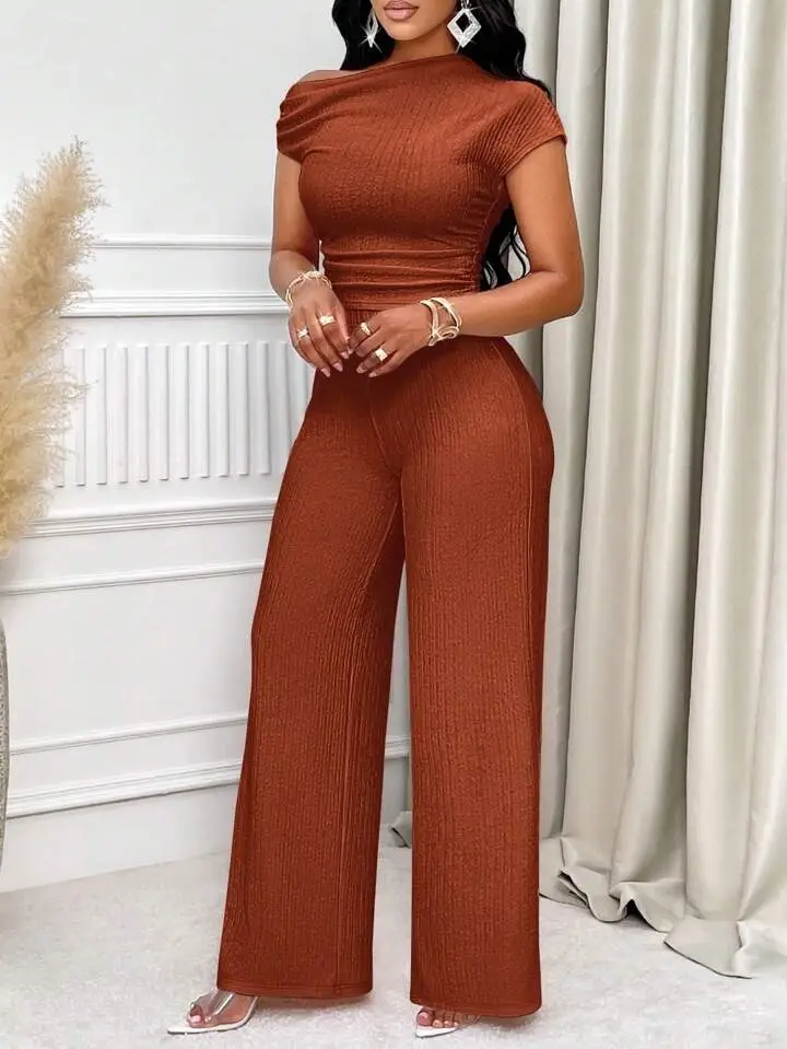 Brown Pleated Two-Piece Wide Leg Pants Set