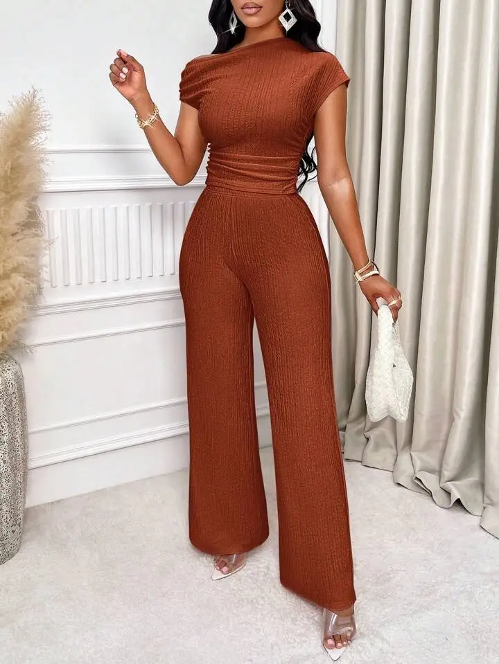 Brown Pleated Two-Piece Wide Leg Pants Set — feature 7