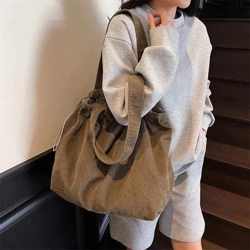 Hong Kong Style Brown Corduroy Shoulder Crossbody Bag - Image 6