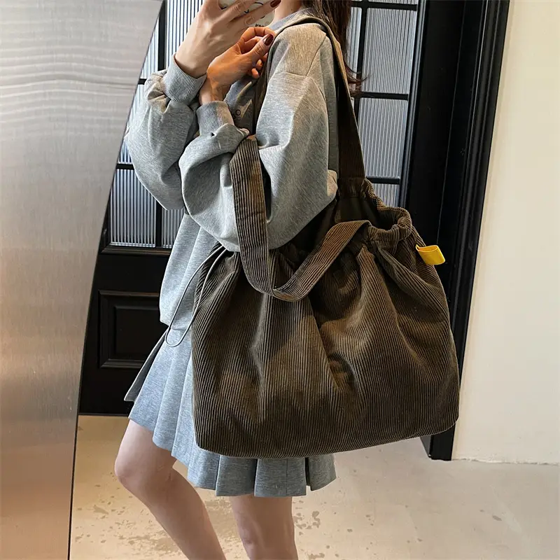 Hong Kong Style Brown Corduroy Shoulder Crossbody Bag - Image 9