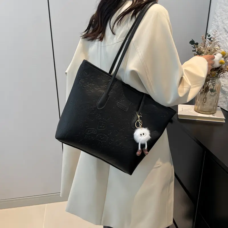 Black Korean Work Commuter Shoulder Bag with Cute Charm - Image 9