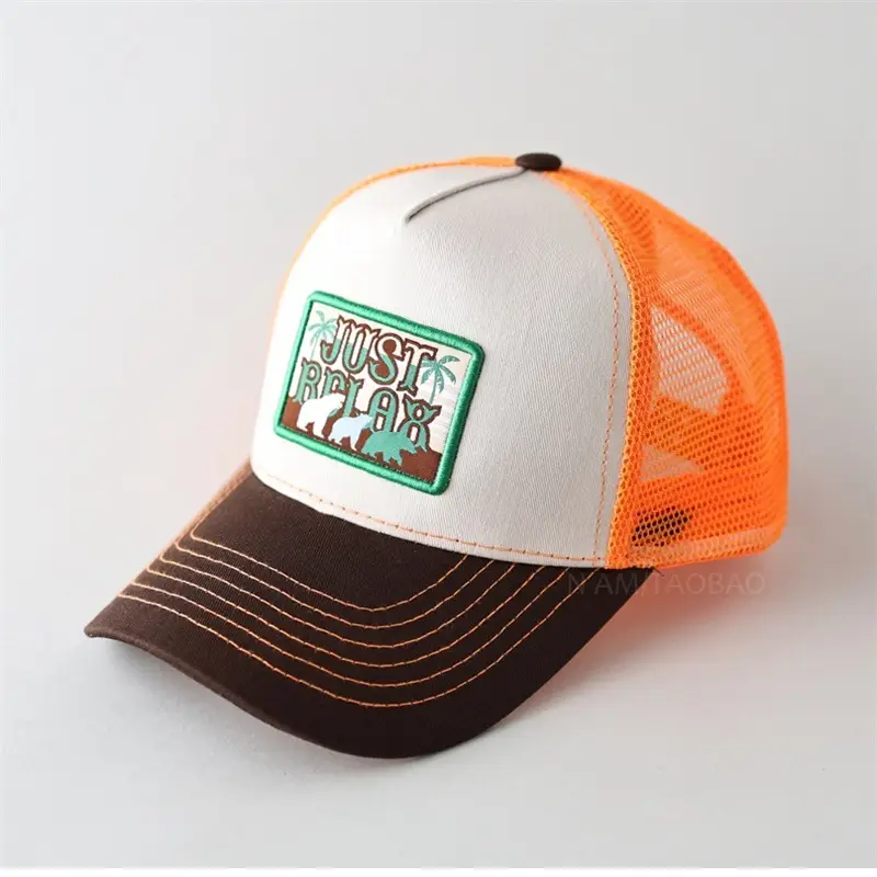 Men's Green Embroidered Mesh Cap with Orange Back