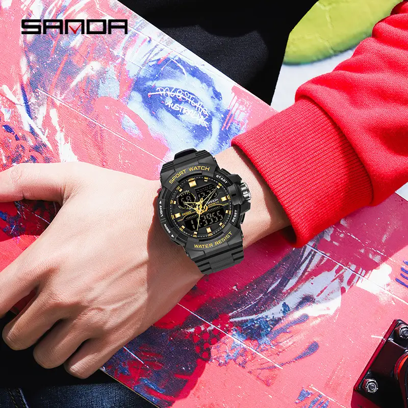 Sanda Black Waterproof Dual Display Men's Watch - Image 9