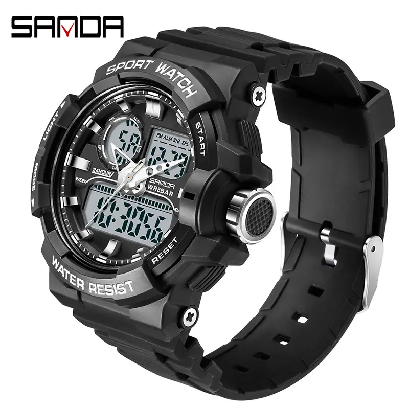 Sanda Black Waterproof Dual Display Men's Watch - Image 4