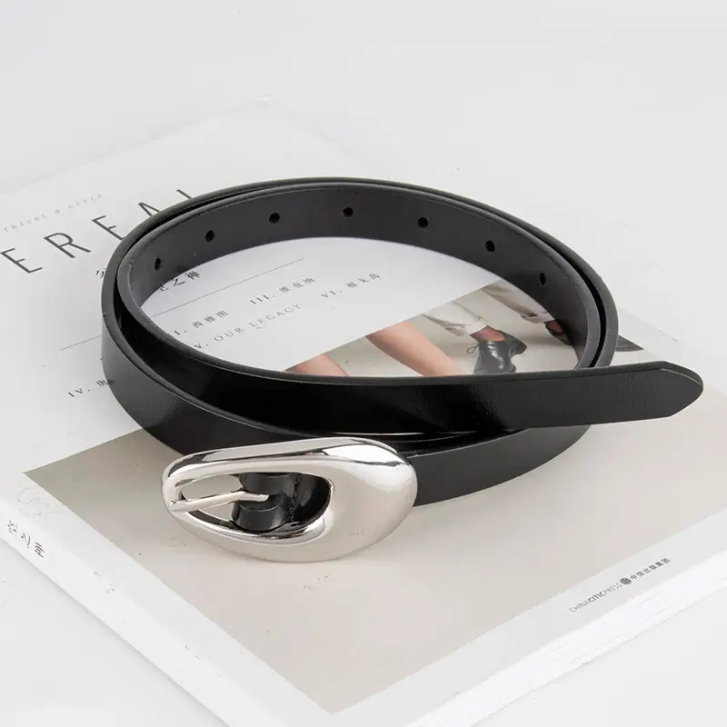 Women Black Leather Belt with Silver Buckle - Image 5