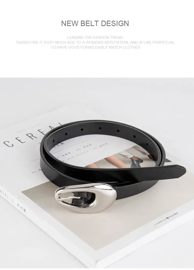 Women Black Leather Belt with Silver Buckle — feature 10