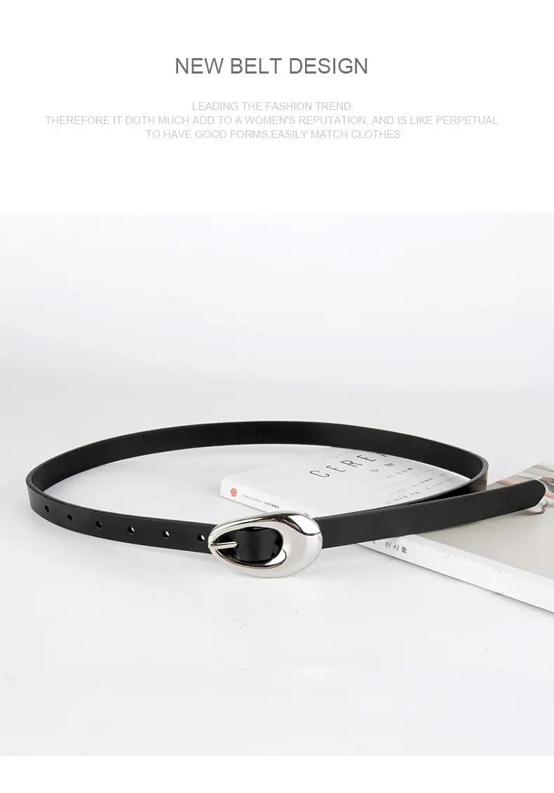 Women Black Leather Belt with Silver Buckle — feature 11