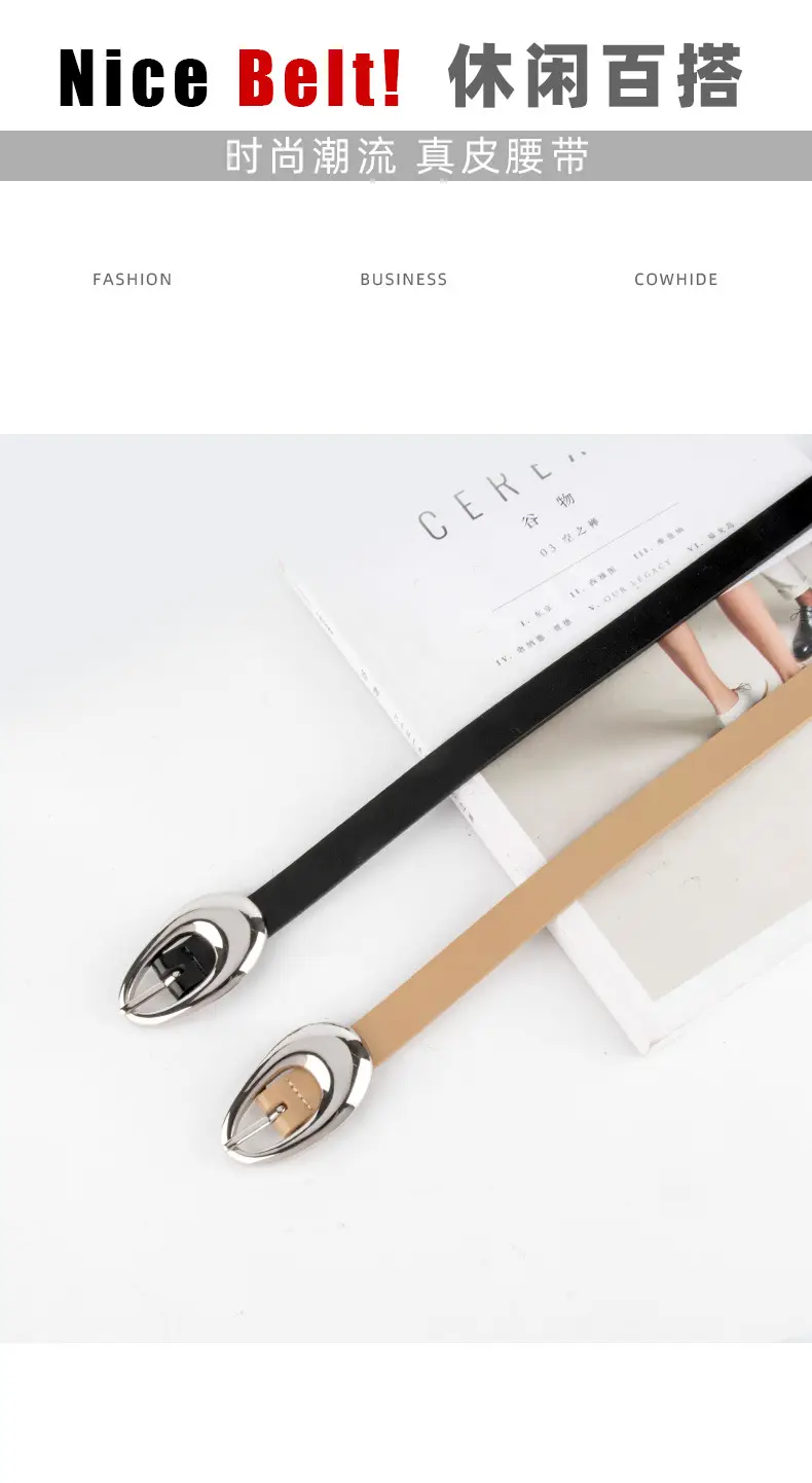 Women Black Leather Belt with Silver Buckle — feature 3