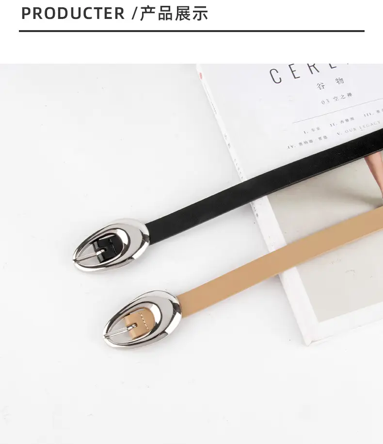 Women Black Leather Belt with Silver Buckle — feature 9