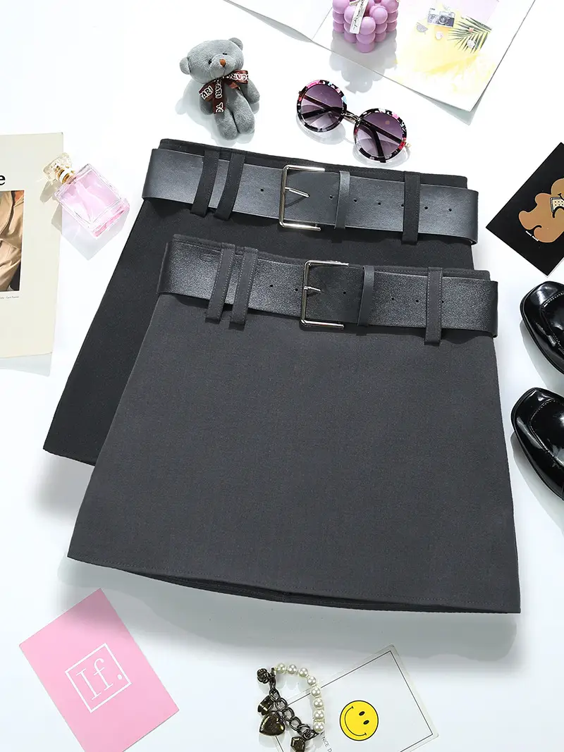 Black Wide Belt Hip Skirt Set for Women — feature 1