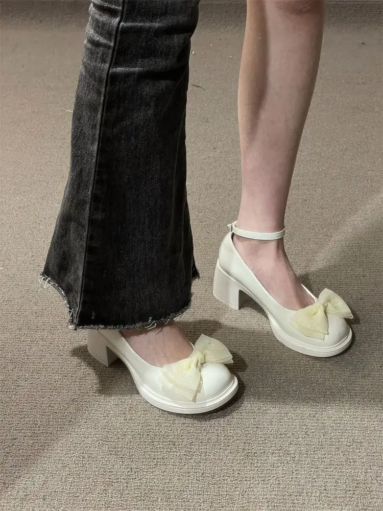 Chunky Leather Shoes Mary Jane Shoes Women's Shoes 2025 Spring and Summer New Niche Bow Retro High Heeled Leather Shoes — feature 10