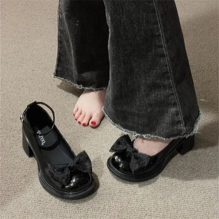 Chunky Leather Shoes Mary Jane Shoes Women's Shoes 2025 Spring and Summer New Niche Bow Retro High Heeled Leather Shoes — feature 15