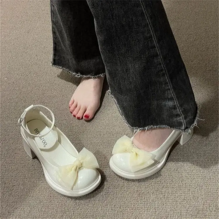 Chunky Leather Shoes Mary Jane Shoes Women's Shoes 2025 Spring and Summer New Niche Bow Retro High Heeled Leather Shoes — feature 16