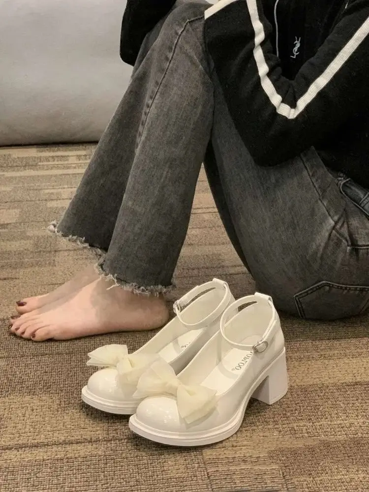 Chunky Leather Shoes Mary Jane Shoes Women's Shoes 2025 Spring and Summer New Niche Bow Retro High Heeled Leather Shoes — feature 7