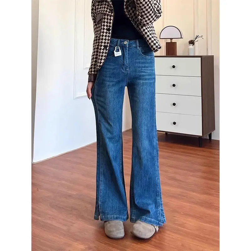 Dark Blue Split Micro-Lare Jeans Women Slim Fit High Waist