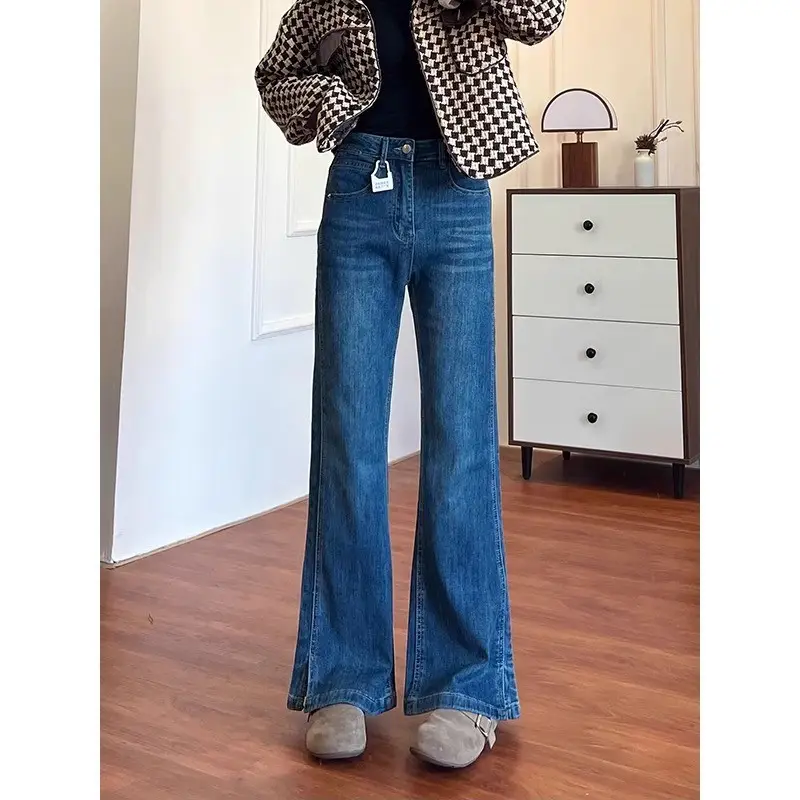 Dark Blue Split Micro-Lare Jeans Women Slim Fit High Waist