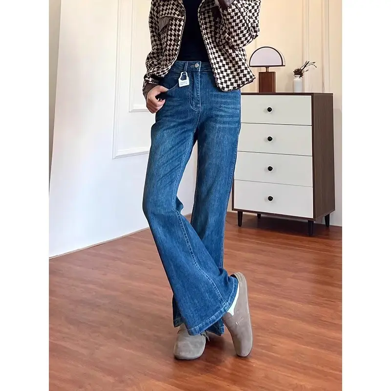 Dark Blue Split Micro-Lare Jeans Women Slim Fit High Waist