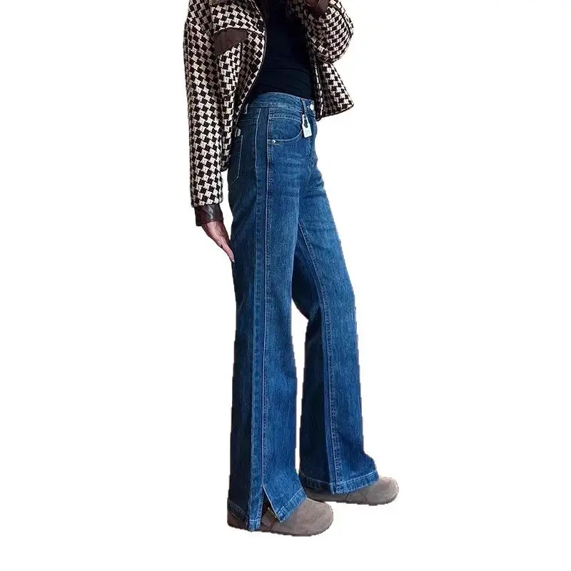 Dark Blue Split Micro-Lare Jeans Women Slim Fit High Waist
