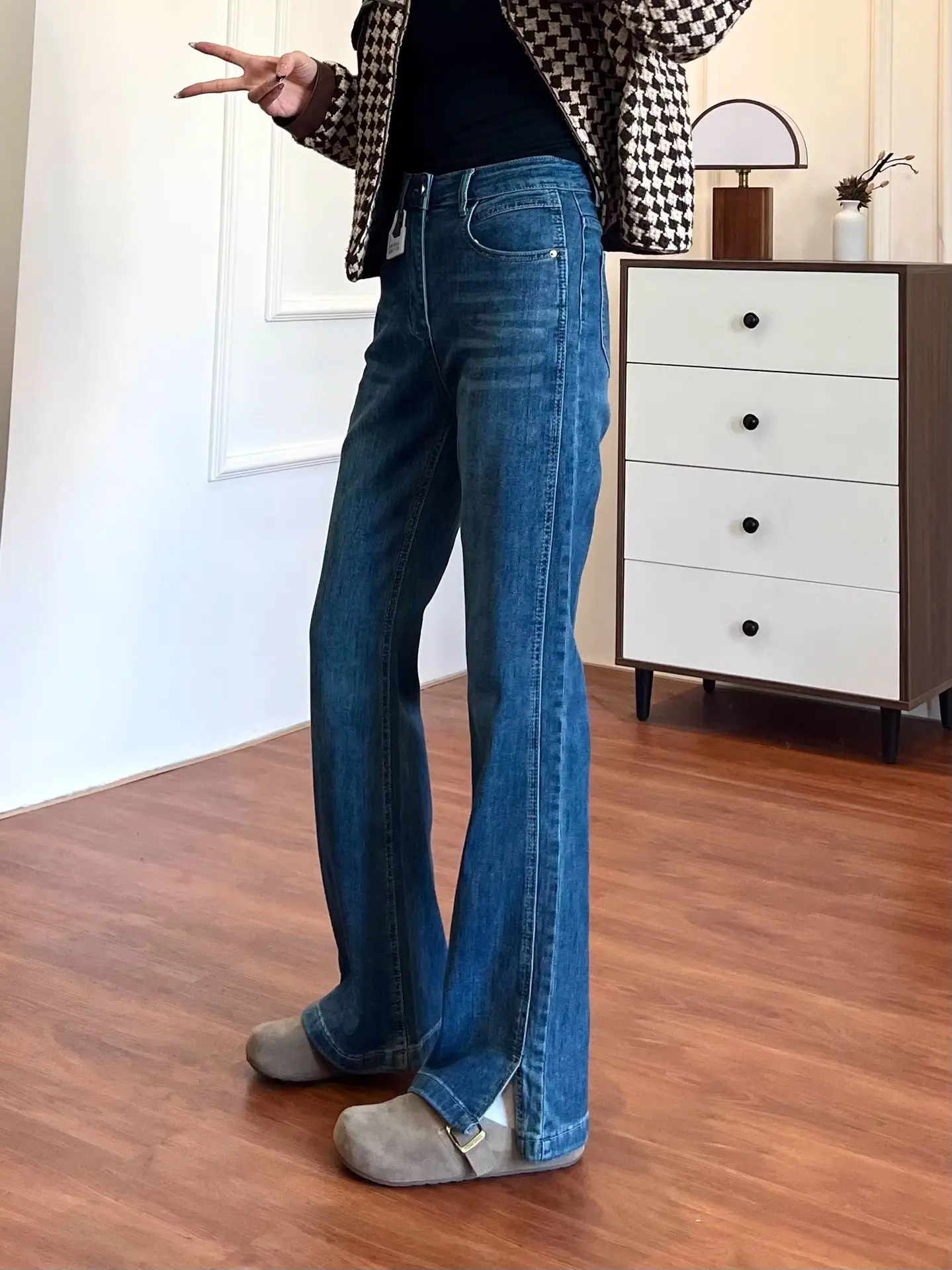 Dark Blue Split Micro-Lare Jeans Women Slim Fit High Waist — feature 16