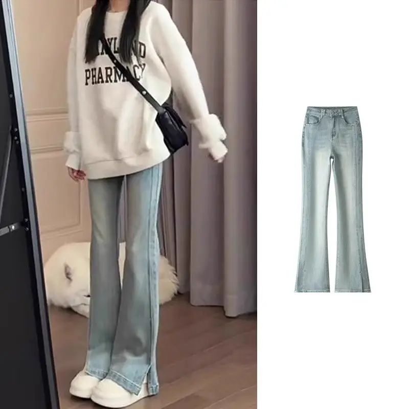 Dark Blue Split Micro-Lare Jeans Women Slim Fit High Waist