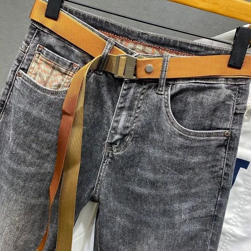 Men's 2025 Thin Belted Grey Denim Jeans - Image 5