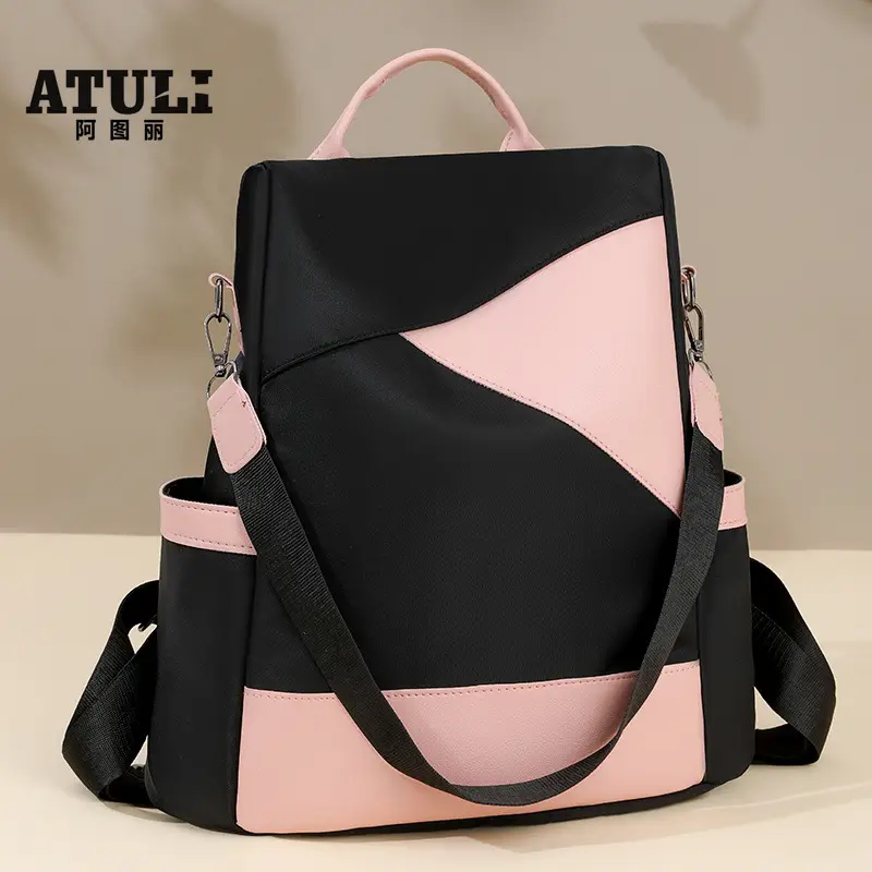 Women's Pink Black Leather Backpack with Shoulder Strap - Image 6