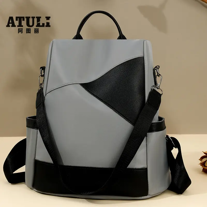 Women's Pink Black Leather Backpack with Shoulder Strap - Image 7
