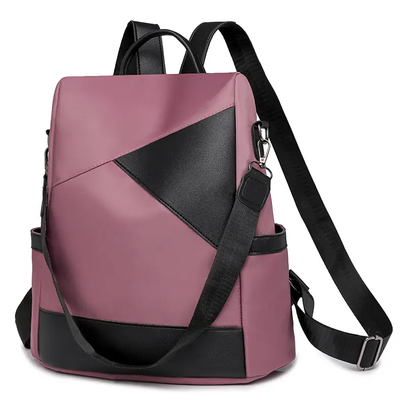 Women's Pink Black Leather Backpack with Shoulder Strap - Image 9